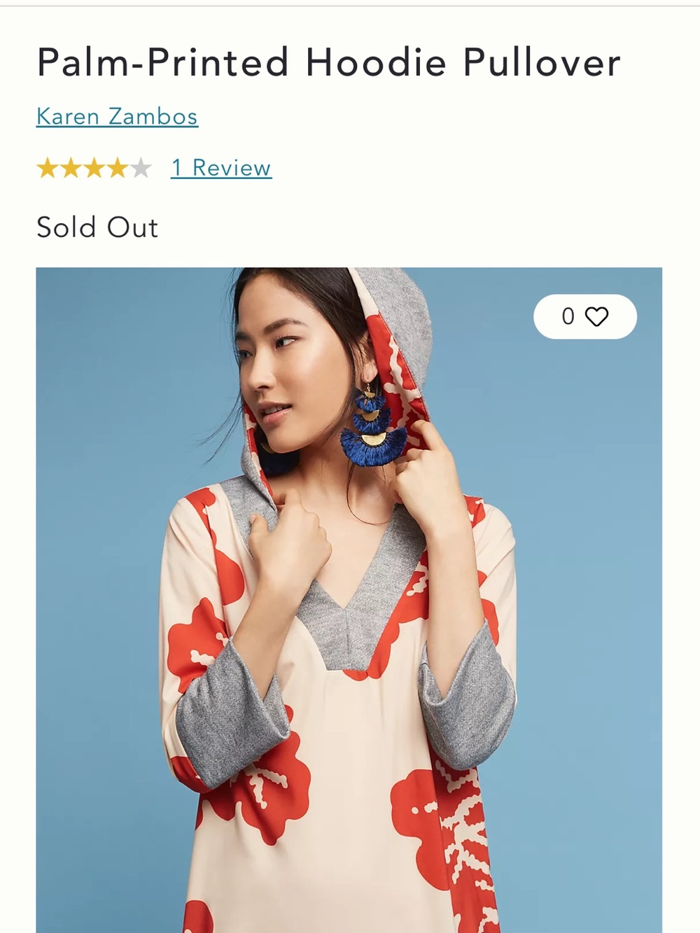 Karen Zambos Cream Hoodie Tunic with Red Palm Print